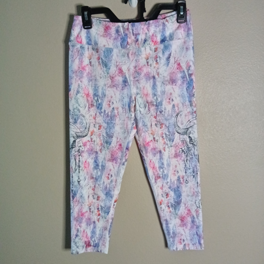🦋 Evolution And Creation EVCR Crop Leggings Floral Skull & Feathers Pattern L